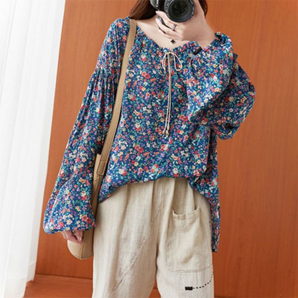 

women's blouses & shirts spring arts style women long sleeve loose v-neck blouse vintage print cotton linen big size mori girl blu, White