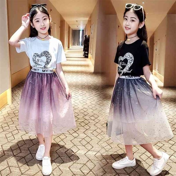 

toddler girl clothes set summer lace skirt + cotton star t-shirts two piece suit fashion children clothing 4 8 12 14t new 210326, White