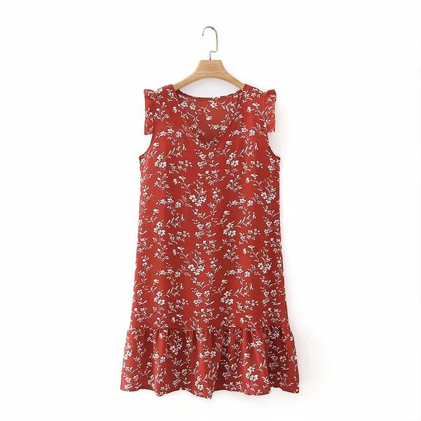 

summer women floral print v neck sleeveless red mini dress female clothes casual lady loose vestido d7535 210430, Black;gray