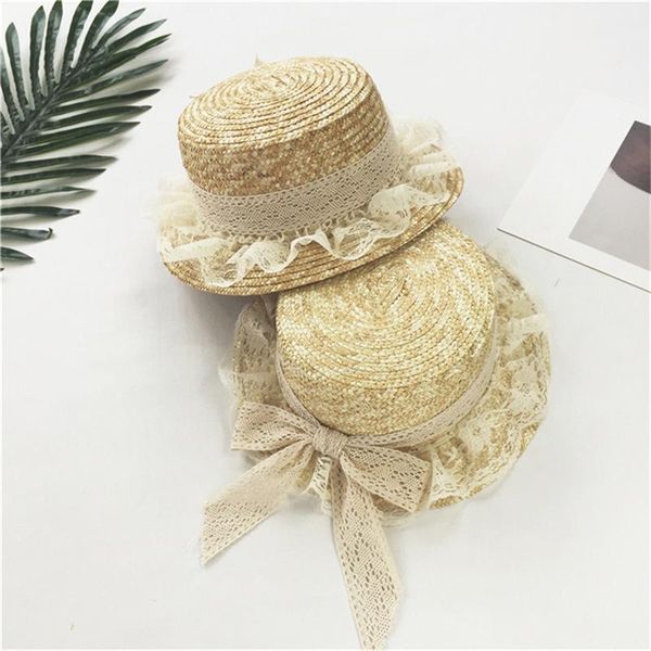 

wide brim hats parent-child fashionable summer sun ladies women casual bowknot lace ribbon straw visor cap for holiday seaside, Blue;gray
