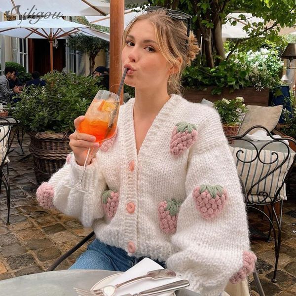 

women's jackets ailigou 2021 fashion knitted jacket long sleeve single row buttons handmade color flower sweater women casual top, Black;brown