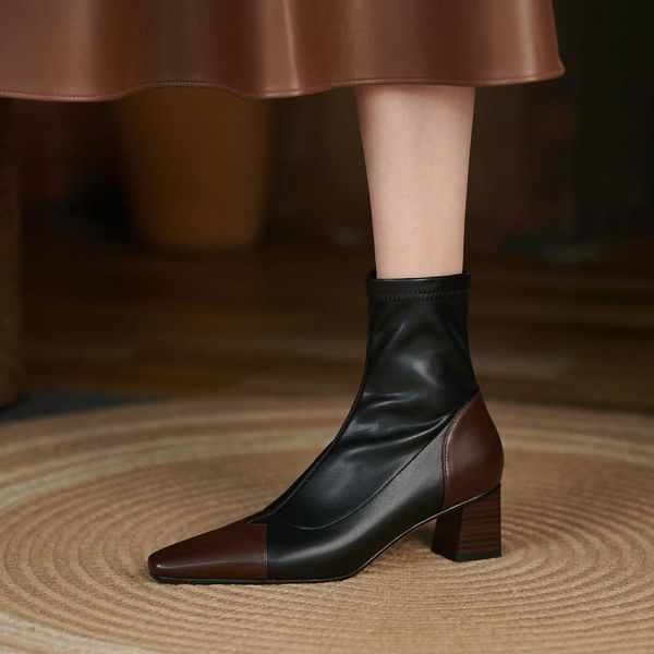 

boots elegant women ankle fashion genuine leather med heels side zipper wedding working shoes woman winter, Black