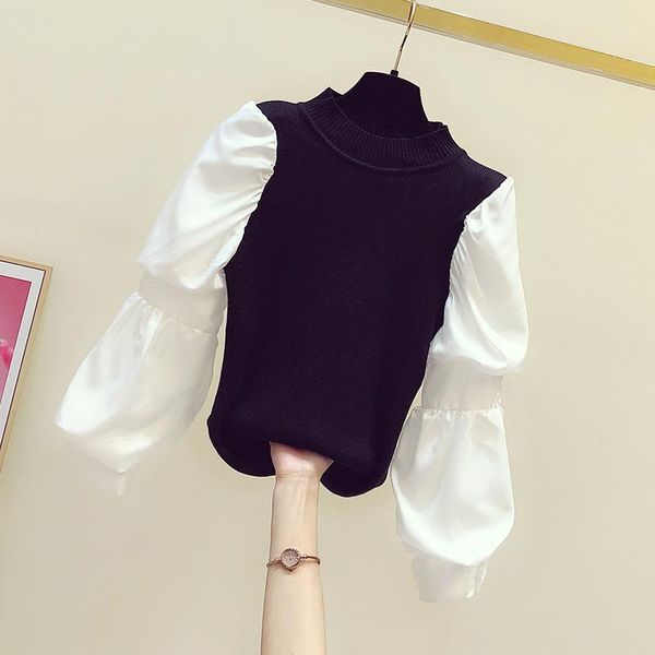 

women's sweaters 2021 autumn winter fake two pieces slimming sweater women puff sleeve stitching half turtleneck girls knit shirts, White;black