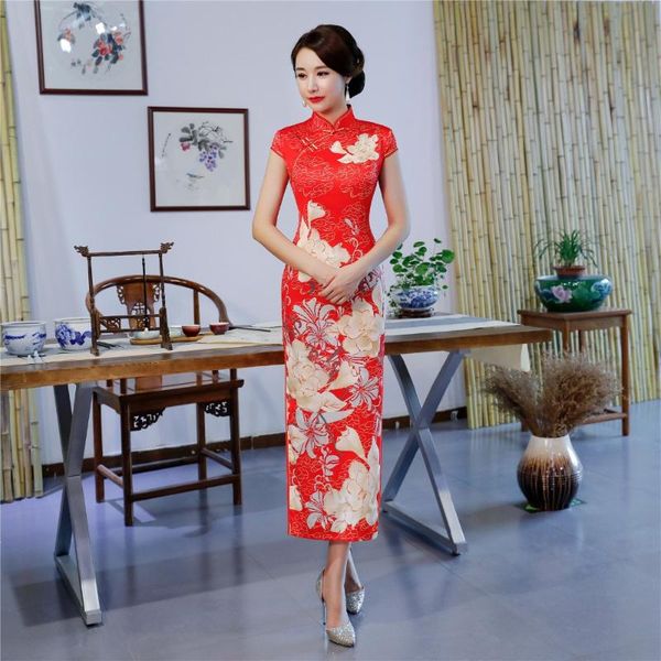 

shanghai story short sleeve long qipao dress chinese women's vintage cheongsam ethnic clothing, Red