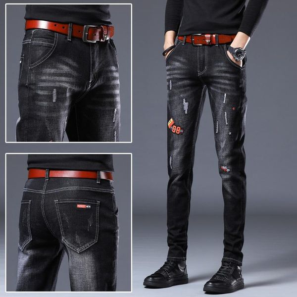 

men's jeans 2021 spring autumn mens scratched ripped slim-fit embroidery skinny classic black denim pencil pants male 28-36, Blue