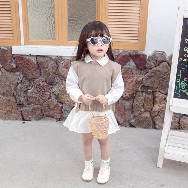 

clothing sets autumn baby vest gril's korean round neck knitted wool thin children's pullover toddler girl clothes, White