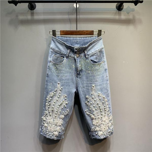 

women's jeans 2021 summer beaded rhinestone high waist stretch cropped fashionable fashion straight middle pants, Blue