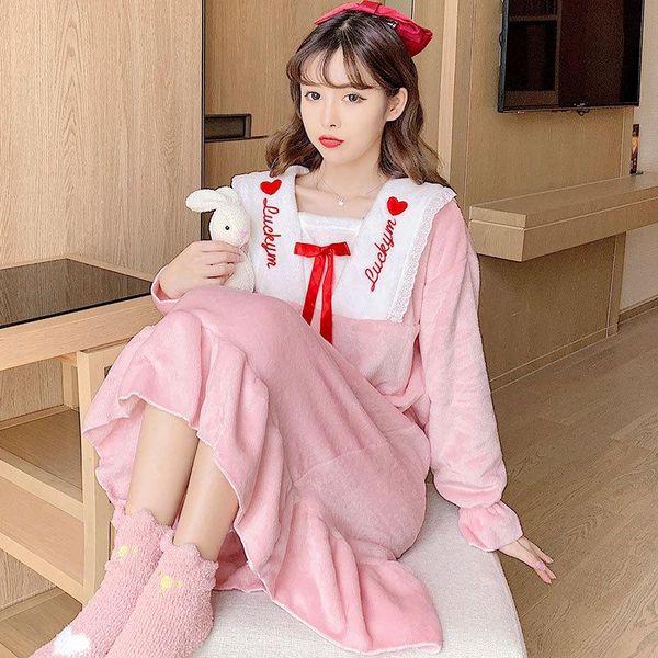 

women's sleepwear lady thicken embroidery sweetheart nightgown sweet square collar princess dress flannel knee-length nightdress winter, Black;red