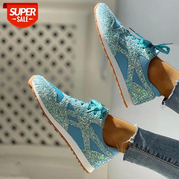 

women flat glitter sneakers casual bling vulcanized shoes female mesh lace up platform comfort plus size fashion ladies autumn #mr1m
