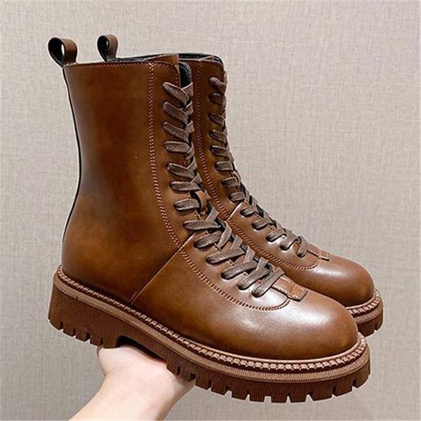 

boots autumn winter style fashion women black brown ankle round head thick bottom leather lace-up woman motorcycle
