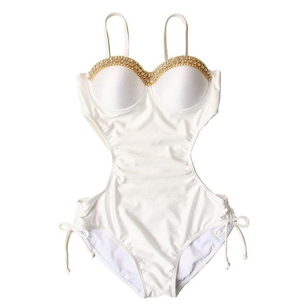 

women one pieces swimwear female hollow metal chain Â white black halter bathing suit pad swimming solid bodysuit 2021 one-piece suits