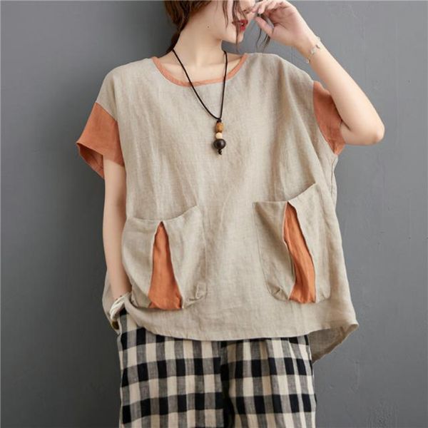 

t shirts summer arts style women short sleeve loose t-shirt double pocket cotton linen vintage tee shirt femme plus size m150 i332, White