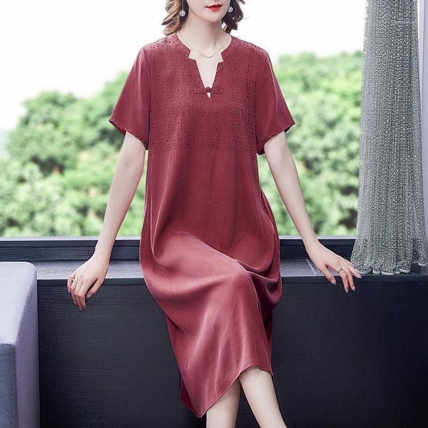 

casual dresses 2021 women red mulberry silk midi dress summer vintage loose solid 4xl plus size sundress bodycon elegant party vestidos, Black;gray