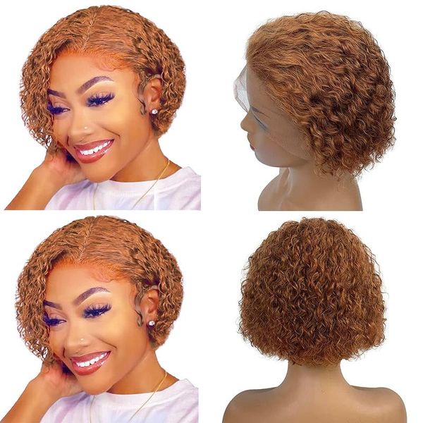 

lace wigs ginger curly pixie cut short bob wig human hair deep wave t part front pre plucked middle for black women, Black;brown