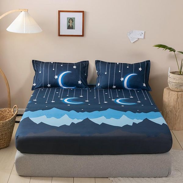 

sheets & sets good night blue printed fitted sheet 3pcs bed with cases mattress protector cover twin full queen king size textile