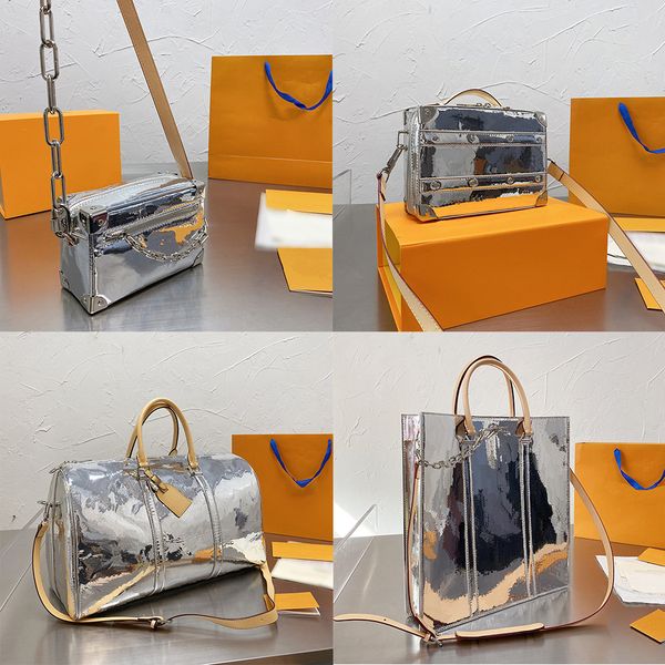 

luxury designer 2021 men's handbag cross body shoulder bag travel bag silver embossed patent leather european and american style party