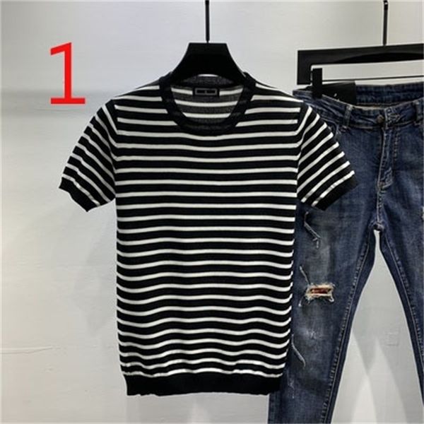 

short-sleeved t-shirt men's ice silk stripe embroidery tight-fitting tide brand breathable knitted t-shirt 210329, White;black