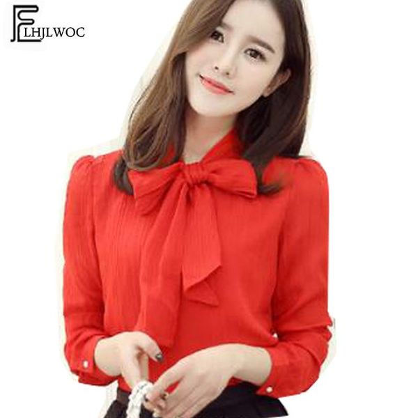 

bow tie women summer autumn chiffon blouse shirts office lady work red white cute sweet girls temperament 740 women's blouses &