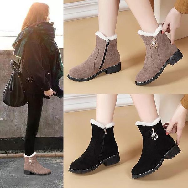 

women boots winter outdoor keep warm fur bottes waterproof women's snow boot thick heel high round head short shoes female, Black