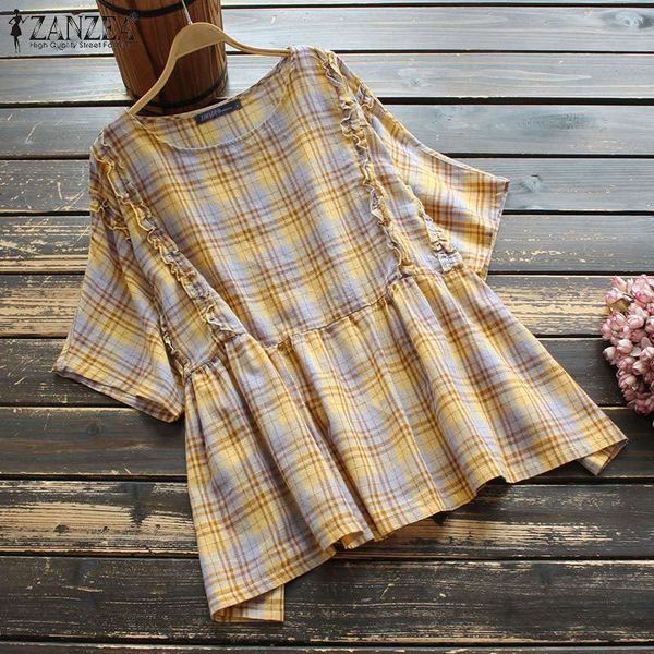 

blouses vintage check women's summer blouses 2021 casual short sleeve blusas female high waist plus size chemise 5xl, White