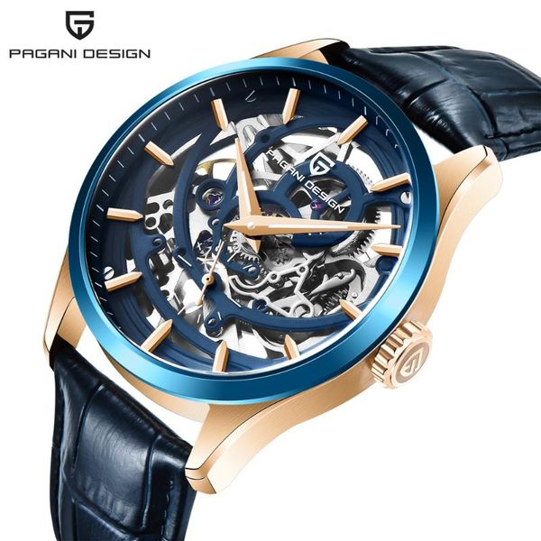 

brand men watch luxury automatic mechanical leather strap cutout wrist 100m waterproof relogio masculino wristwatches, Slivery;brown
