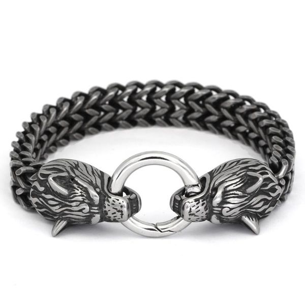 

link, chain men's viking wolf head bracelet thick stainless steel retro punk simple titanium gift jewelry, Black