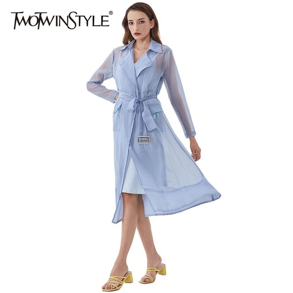 

twotwinstyle feather perspective mesh elegant dress for women notched high waist belt slim dresses female womens clothing 210428, Black;gray