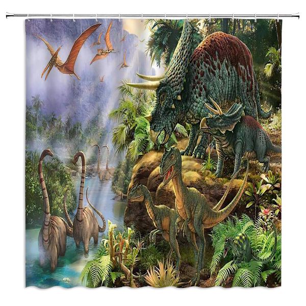 

jurassic park shower curtain carnivorous animal dinosaur pterodactyl in the green virgin forest natural lake landscape,70x70