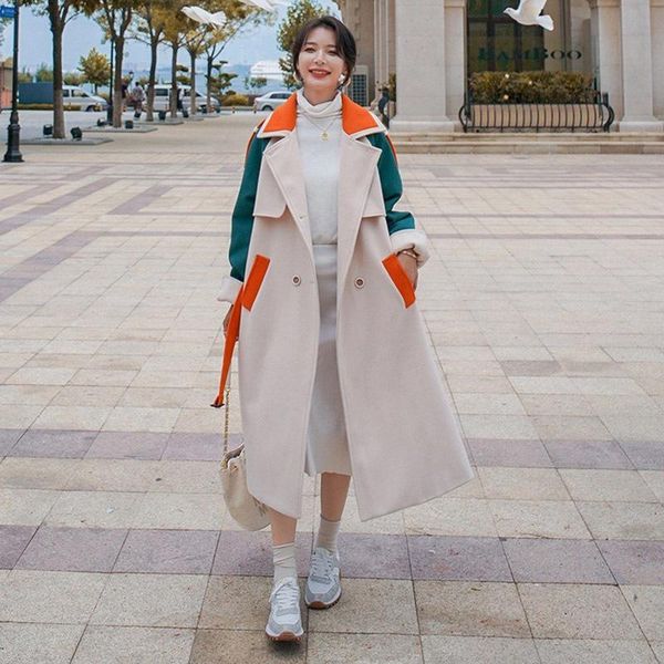 

women's wool & blends [ewq] three color spliced medium long woolen overcoat women notched double breasted coat with belt autumn winter, Black