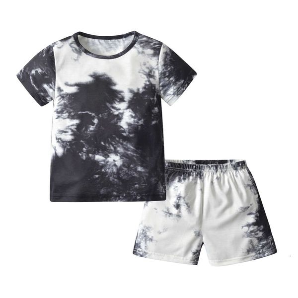 

boys and girls suits children's summer suit tie dye printing short sleeve boys' leisure home two piece set, White