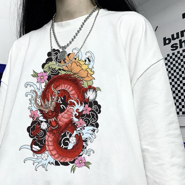 

dragon pattern cap sleeve women printing casual short sleeved street harajuku vest cool tshirts clothes trend, White