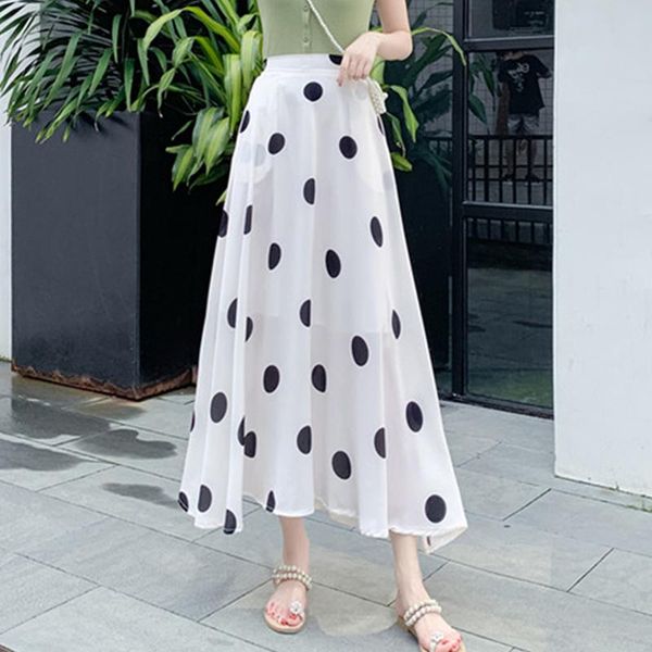 

skirts limiguyue spring elegant polka dot skirt women high waist jupe longue femme pockets summer sweet beach chiffon maxi k793, Black