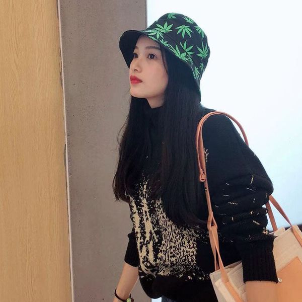 

reversible bucket hat women summer outdoor maple leaf print thin section sunscreen sunshade all-match, Blue;gray