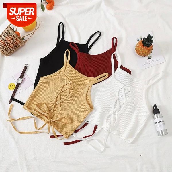 

women crop knitted bandage spaghetti club camis halter tank female bare midriff solid camisole 2020 summer #hq5u, White