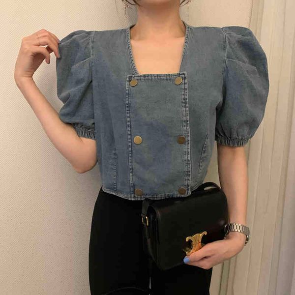 

[ewq ]women blue denim double breasted blouse square collar short puff sleeveshirt fashion spring summer 2f0432 210510, White