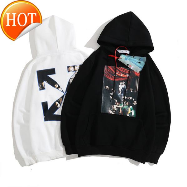 

new fashion white brand off religious series oil painting loose men's and women's terry hooded sweater, Black