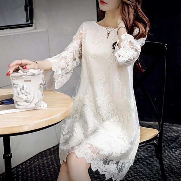 

casual dresses 2021 spring korean a-line lace embroidery ladies base dress white hollow mesh round neck 3/4 flared sleeve womens mini, Black;gray