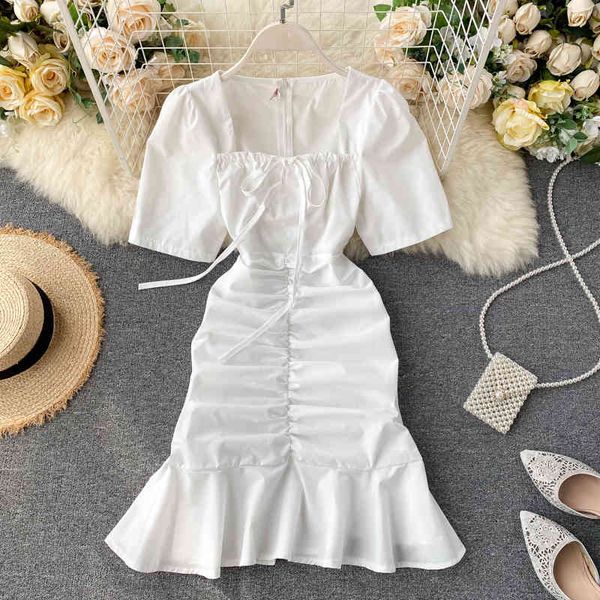 

summer square collar black/white mini dress women short sleeve drawstring draped ruffle hem dresses female vestidos 210426, Black;gray
