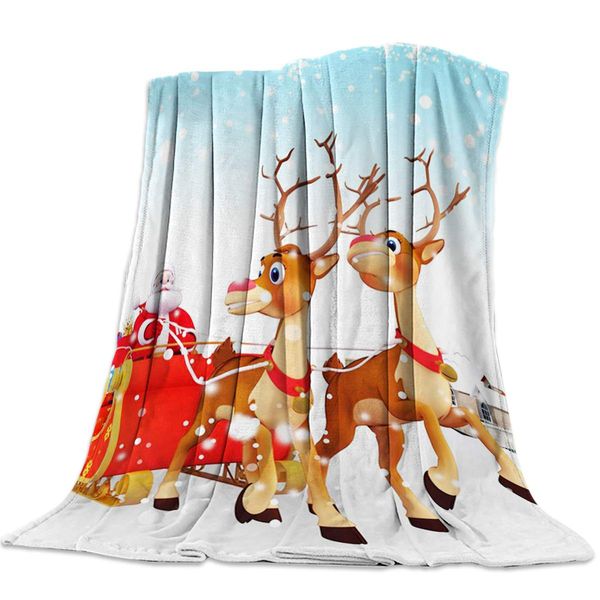 

Throw Blanket for Sofa Couch- Cartoon Santa Claus with His Deer 39 x 49 Inche Flannel Bed Blanket Lightweight Microfiber Throw