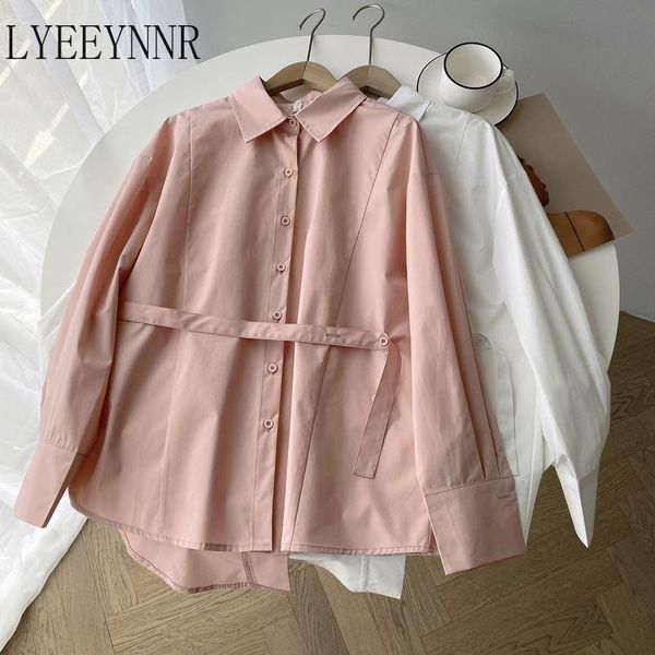 

women's blouses & shirts lyeeynnr turn down collar woman solid color lace up women single breasted blusas 2021 spring summer ac342, White