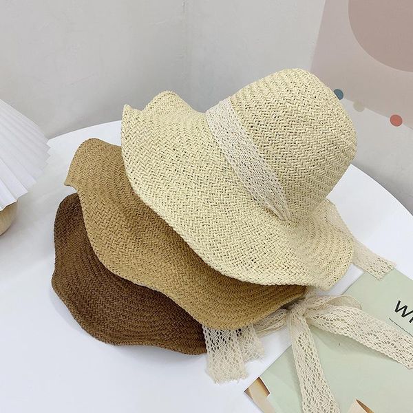 

wide brim hats japanese seaside holiday straw hat lace banding and sunscreen beach with summer shading, Blue;gray