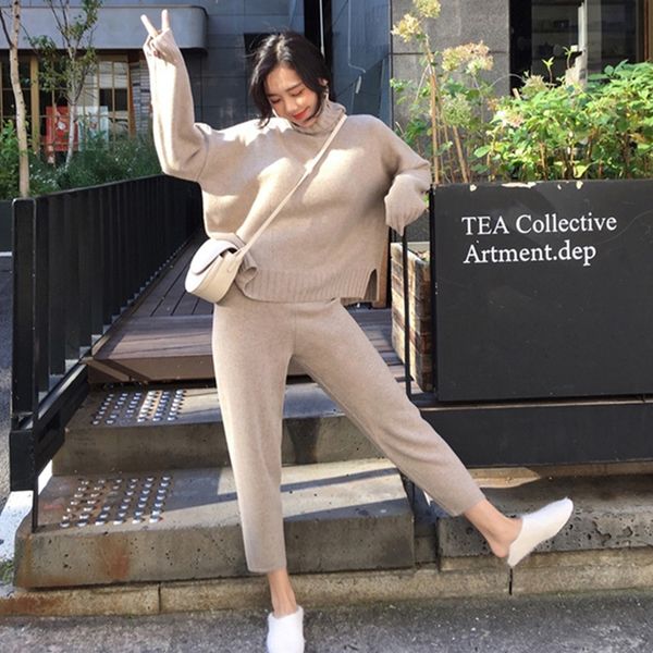 

capris 2 piece winter new o-neck turtleneck loose casual pullover sweater pants two-piece set korean style pullovers pant sets, Black;white