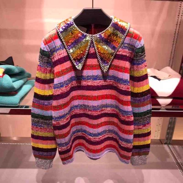 

women's sequin collar luxury sweater, striped aisle dign pullover, christmas drs, rainbow, winter, 2021, White;black