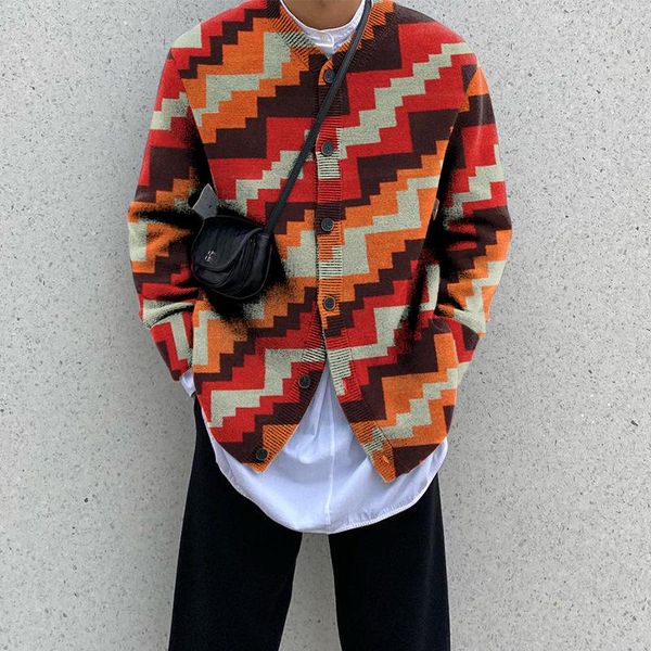 

men's jackets 2021 autumn vintage print knitted men jacket spring fashion loose buttons cardigan casual long sleeve coat streetwear, Black;brown