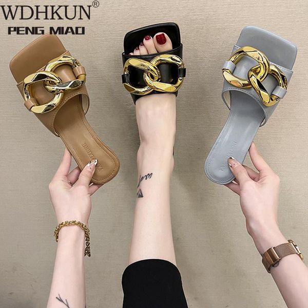 

slippers 2021 summer arrivals open toe women sandals metal chain thick high heels blue shoes woman simple slides party pumps, Black