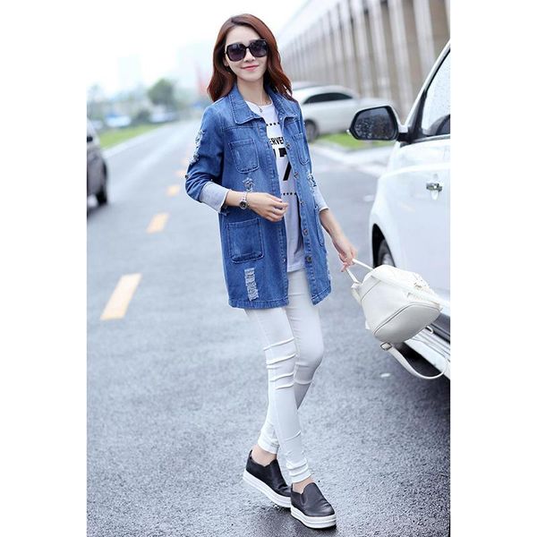 

women's jackets long jeans jacket women casacos feminino slim ripped denim femme elegant vintage frayed basic coats, Black;brown