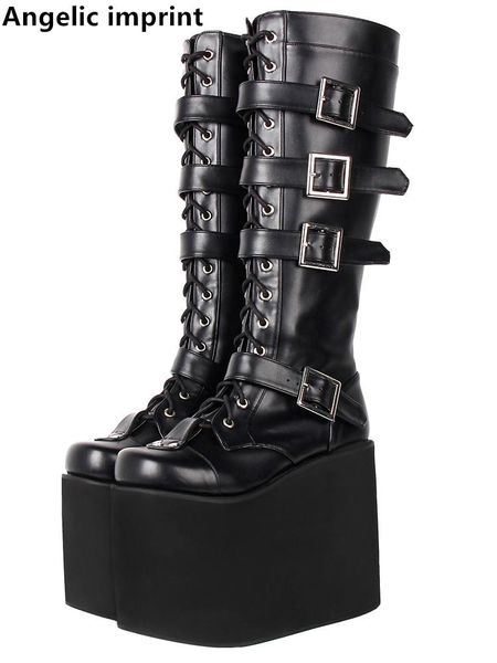 

boots angelic imprint women motorcycle cool punk lady lolita shoes woman super high heels pumps big wedges heel 33-47 9708 15cm, Black
