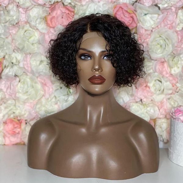 

lace wigs natural black curly remy human hair front for summer 8 inches short bob silk women, Black;brown
