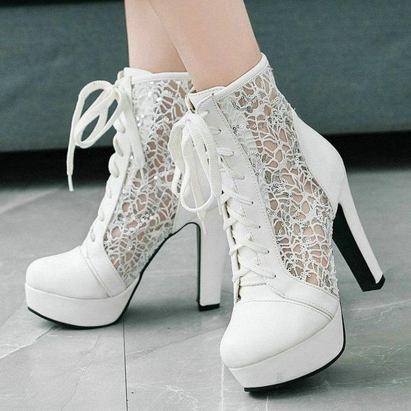 

boots 2021 summer women ankle platform square high heel ladies mesh pu leather dress lace up plus size 34-43, Black