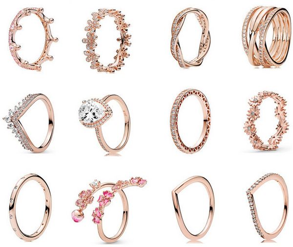 Jóias de grife Anel de casamento de prata 925 com contas em forma de Pandora Rose Gold Daisy entrelaçado Anel de coroa recorte Diamantes cúbicos Estilo europeu Anéis Aniversário Presente para senhoras